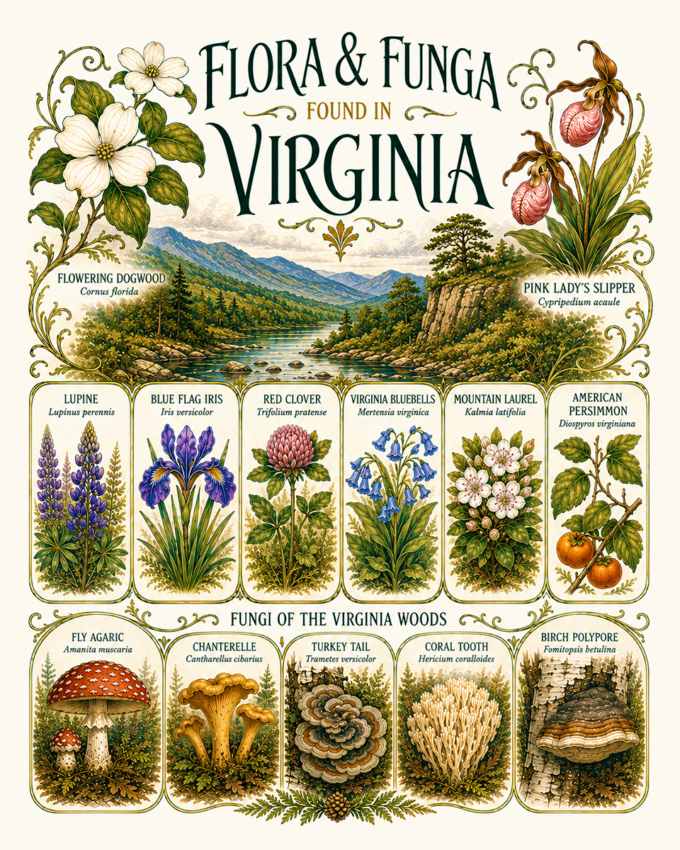 Art-Nouveau-Flora-&-Funga-Found-in-Virginia-Botanical-Infographic-Matted-Print