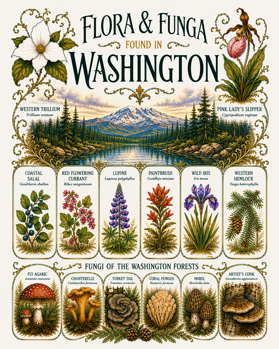 Art-Nouveau-Flora-&-Funga-Found-in-Washington-Botanical-Infographic-Matted-Print