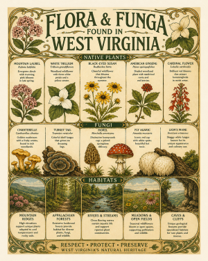 Art-Nouveau-Flora-&-Funga-Found-in-West-Virginia-Botanical-Infographic-Matted-Print