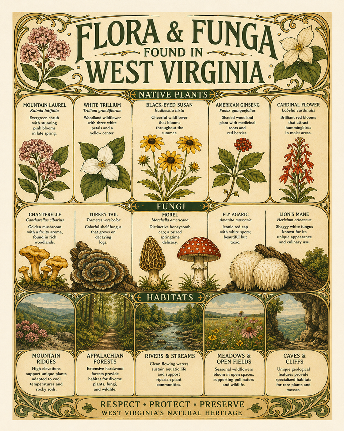 Art-Nouveau-Flora-&-Funga-Found-in-West-Virginia-Botanical-Infographic-Matted-Print