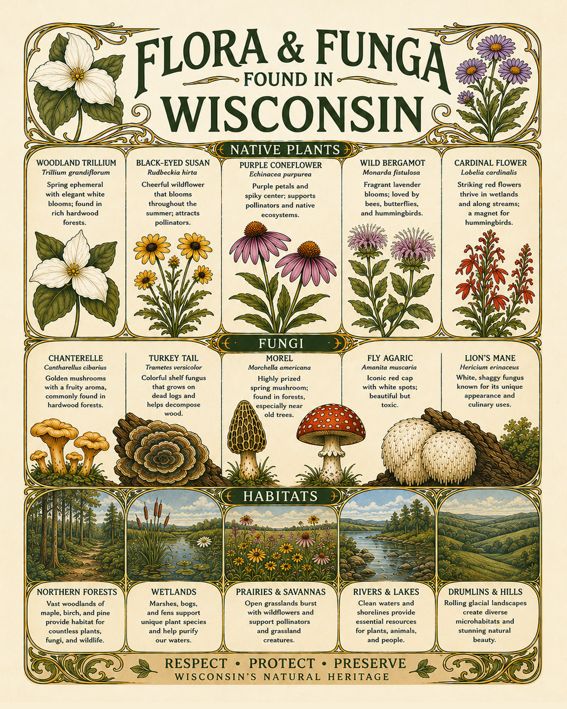 Art-Nouveau-Flora-&-Funga-Found-in-Wisconsin-Botanical-Infographic-Matted-Print