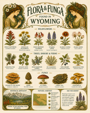 Art-Nouveau-Flora-&-Funga-Found-in-Wyoming-Botanical-Infographic-Matted-Print