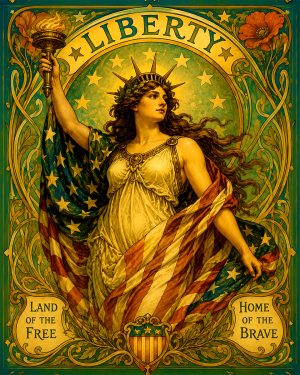 Art Nouveau Goddess Liberty with Stars and Stripes Matted Art Print