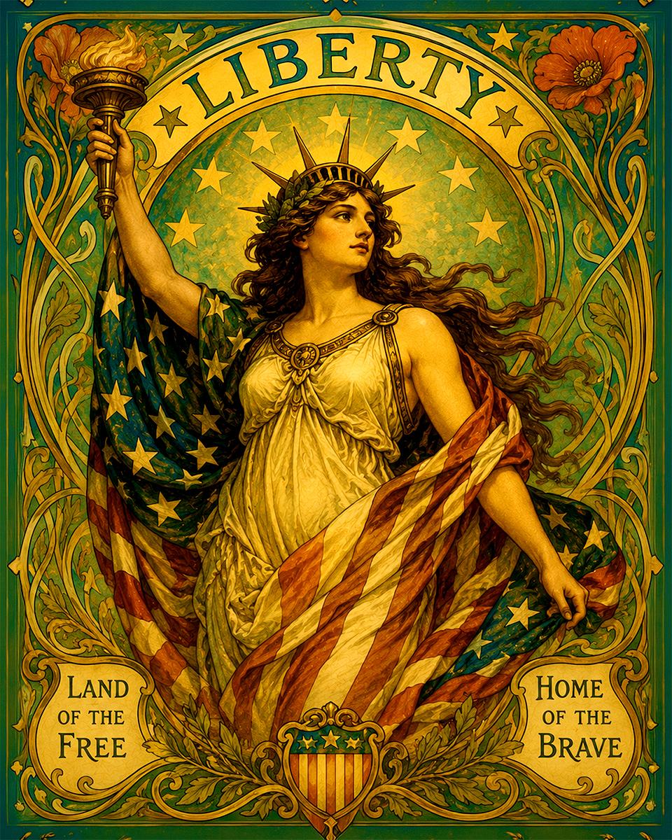 Art Nouveau Goddess Liberty with Stars and Stripes Matted Art Print