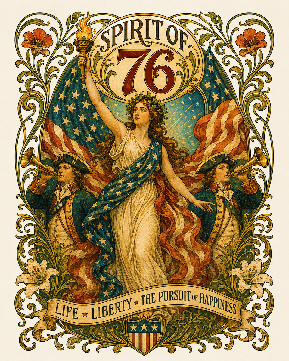 Art Nouveau Spirit of 76 with Trumpets Matted Art Print