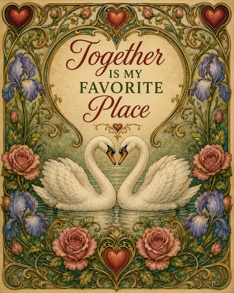 Art Nouveau Swan Valentine Wall Art Matted Art Print - Together Is My Favorite Place Romantic Decor