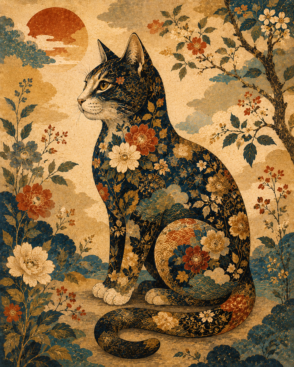 Asian Inspired Decorative Illustration of a Cat Adorned with a Floral Motif - Matted Art Print