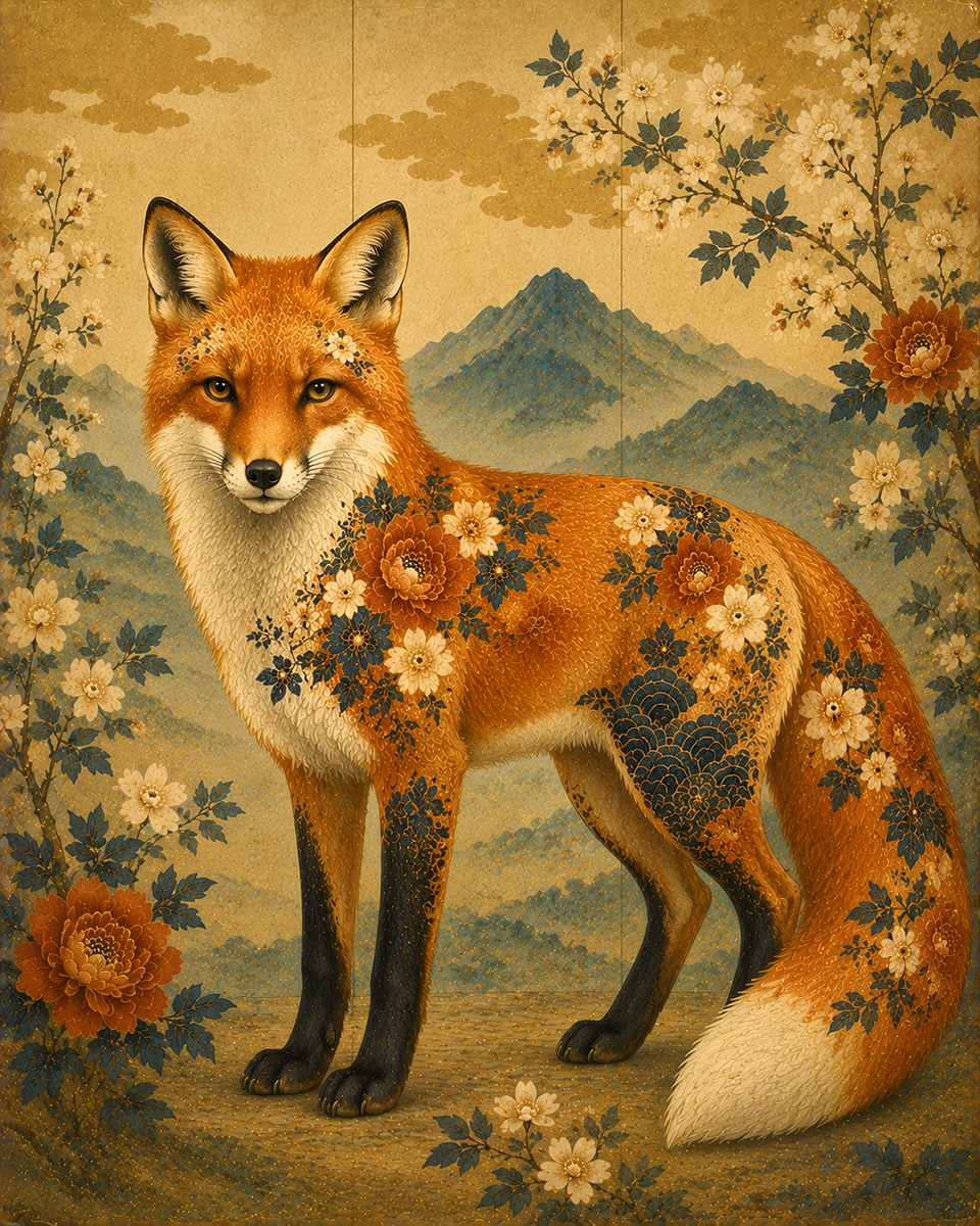 Asian Inspired Decorative Illustration of an Elegant Red Foxin an Imperial Garden Blossom Designs - Matted Art Print