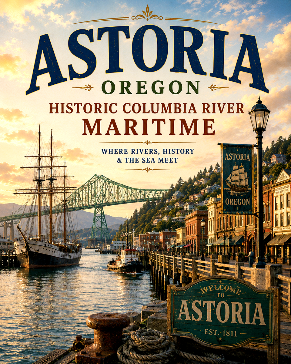 Astoria Oregon Historic Columbia River Maritime Matted Art Print - Wholesale Retro Travel Decor