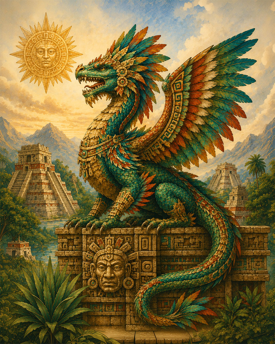 Aztec Feathered Dragon Heritage Matted Art Print