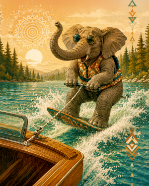 BOHO-Style-Elephant-Wakeboarding-Behind-Wooden-Motorboat-Matted-Art-PrintQQWholesale-Summer-Souvenir.png