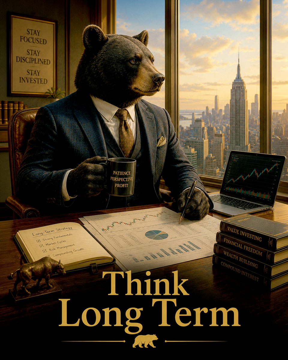 Bear Investor Wall Art Matted Art Print - Think Long Term Financial Success Decor