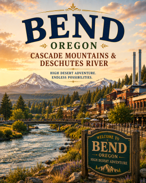 Bend Oregon Cascade Mountains & Deschutes River Matted Print - Wholesale High Desert Adventure Art