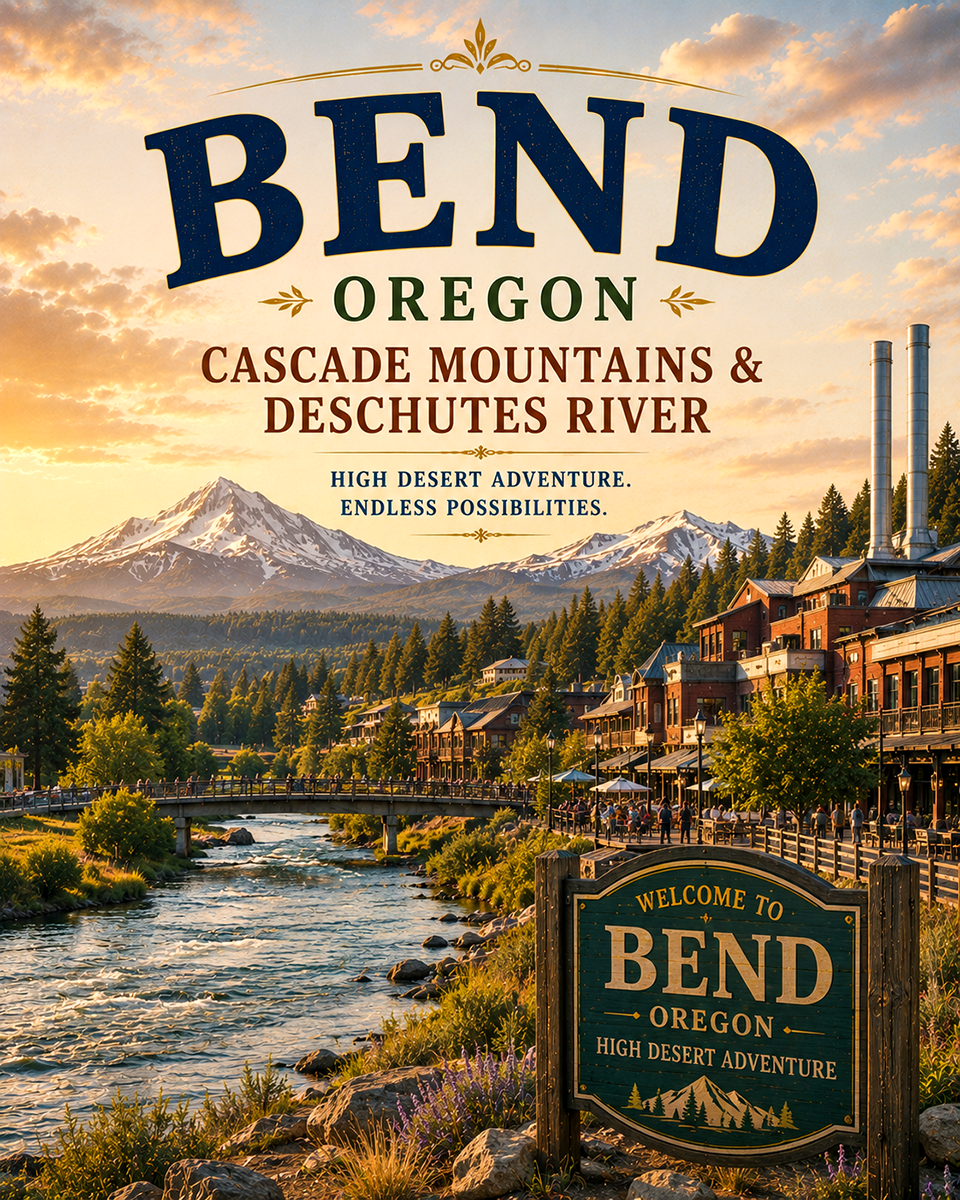 Bend Oregon Cascade Mountains & Deschutes River Matted Print - Wholesale High Desert Adventure Art