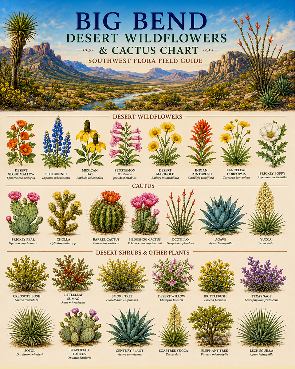 Big Bend Desert Wildflowers & Cactus Chart Matted Art Print - Southwest Flora Field Guide