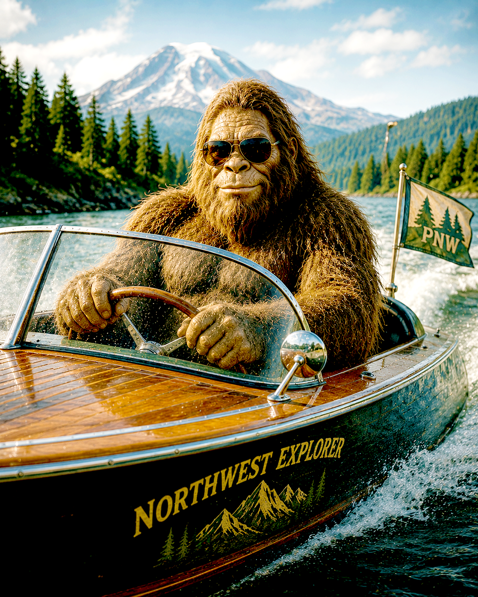Bigfoot Driving Vintage Motorboat Matted Print - Wholesale Pacific Northwest Adventure Art