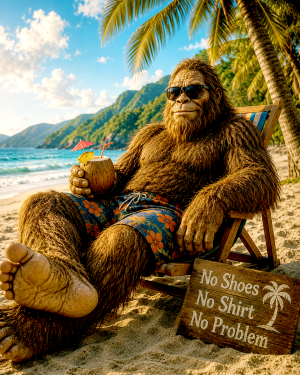 Bigfoot-Relaxing-on-Beach-with-Sunglasses-Matted-Art-PrintQQWholesale-Cryptid-Novelty-Gift.png