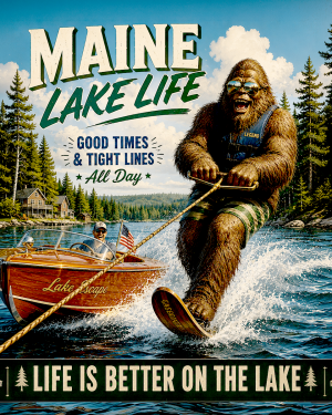 Bigfoot-Water-Skiing-Behind-Classic-Wooden-Boat-Matted-PrintQQWholesale-Maine-Lake-Life-Decor.png