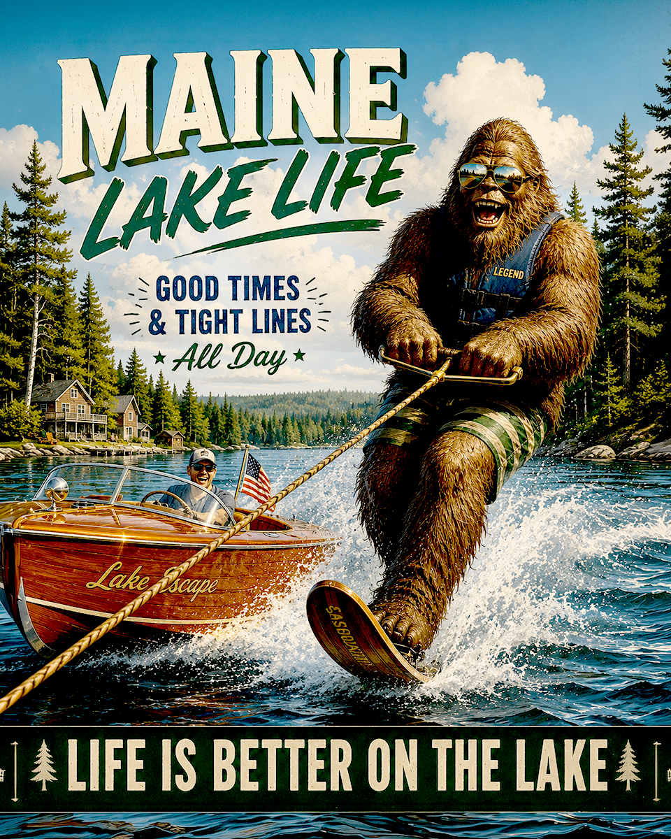 Bigfoot Water Skiing Behind Classic Wooden Boat Matted Print - Wholesale Maine Lake Life Decor