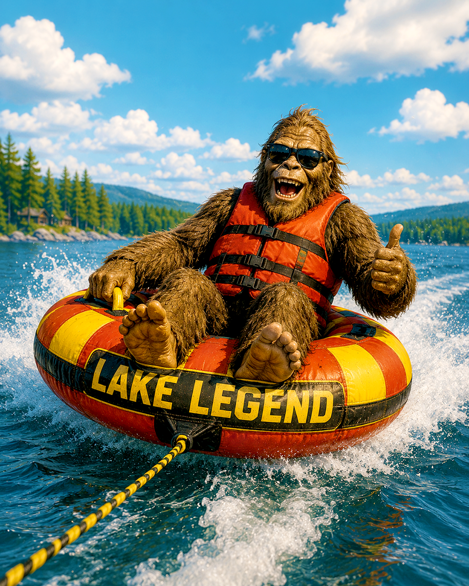 Bigfoot on Towable Tube Over Lake Waves Matted Art Print - Wholesale Fun Summer Souvenir