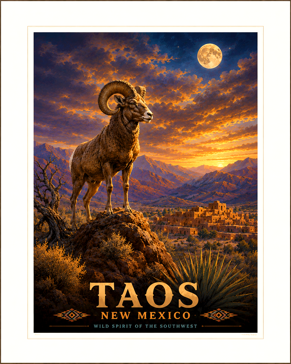 Bighorn Sheep Ram Above Taos Matted Artwork - Wholesale New Mexico Home Decor
