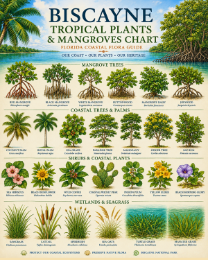 Biscayne Tropical Plants & Mangroves Chart Matted Art Print - Florida Coastal Flora Guide