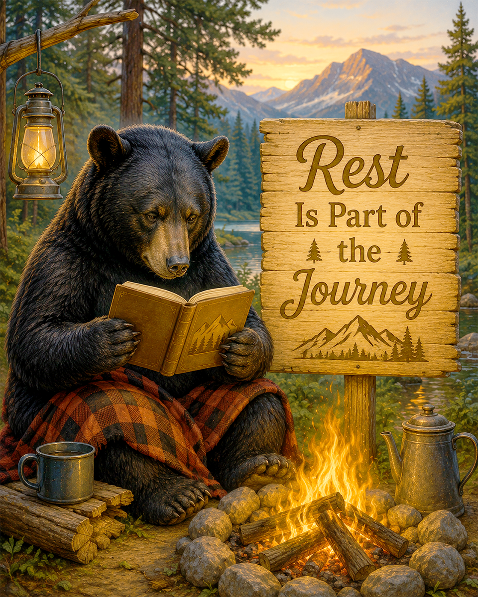 Black Bear Campfire Wall Art Matted Art Print - Rustic Cabin Decor with Inspirational Quote