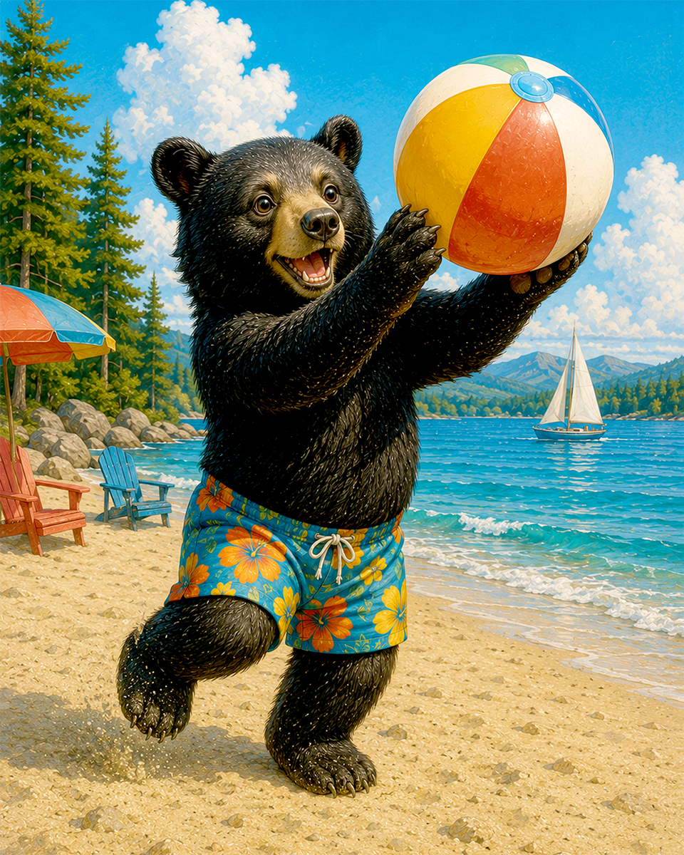 Black Bear Playing with Beach Ball Matted Print - Wholesale Cute Anthropomorphic Animal Art