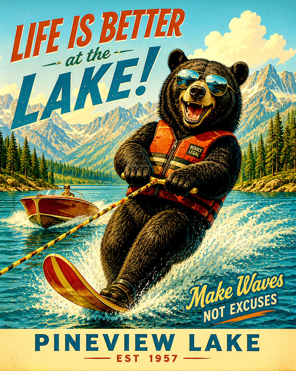 Black Bear Waterskiing Matted Art Print - Wholesale Fun Summer Souvenir