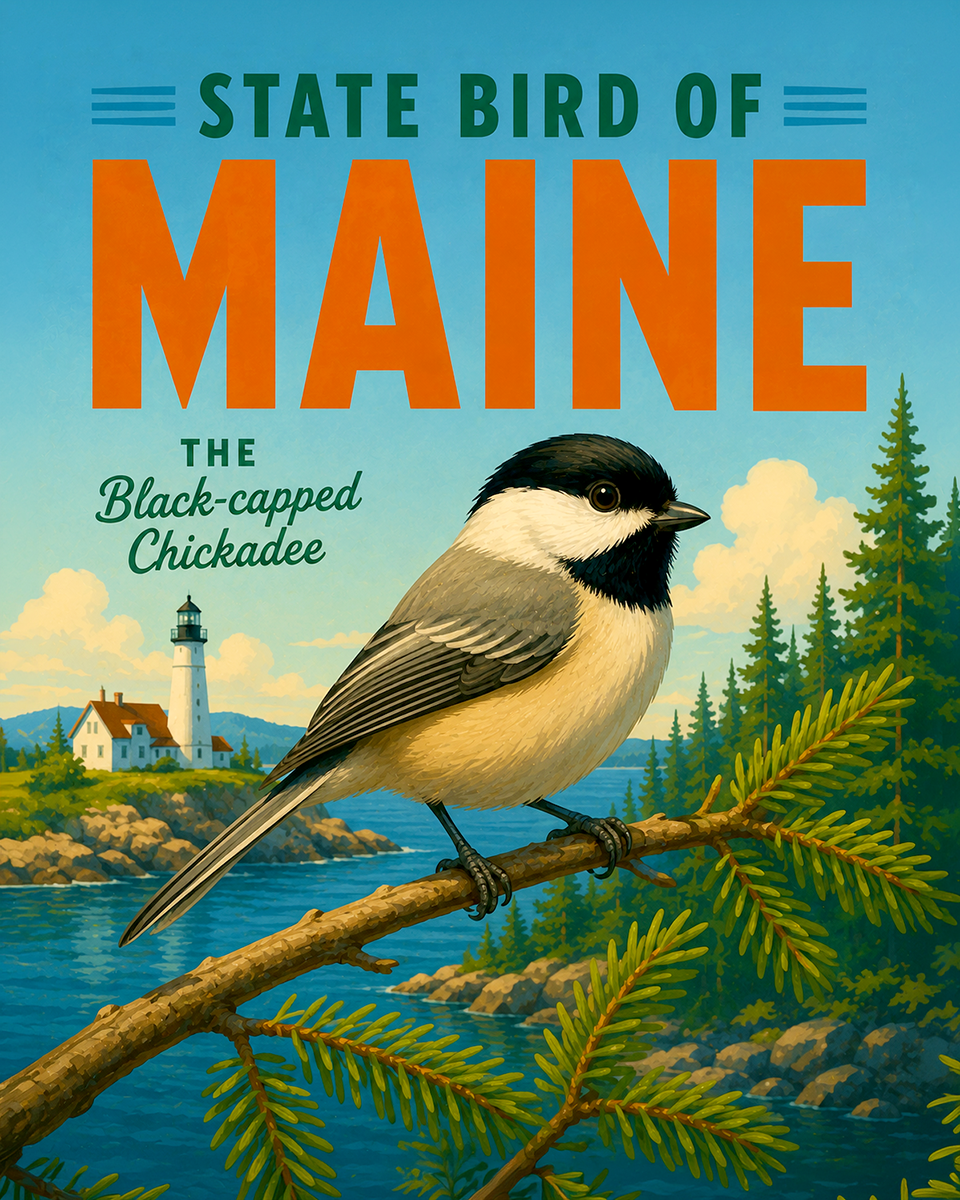 Black Capped Chickadee Maine State Bird Matted Art Print - Northwoods Wildlife Sketch for Cozy Cabin Wall Art