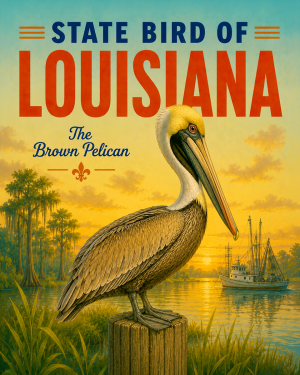 Brown Pelican Louisiana State Bird Matted Art Print - Coastal Seabird Artwork for Nautical or Beach House Decor