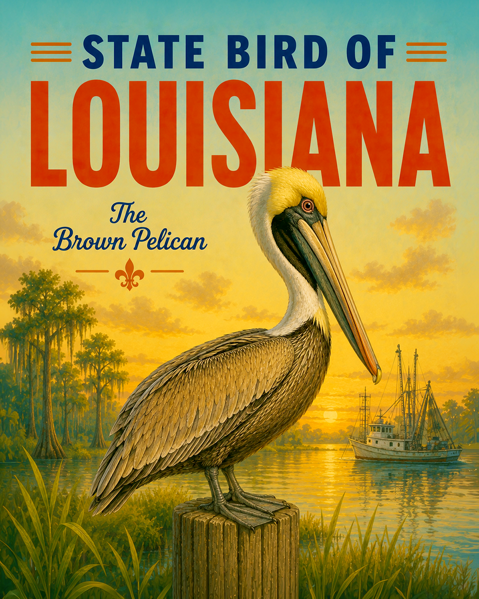 Brown Pelican Louisiana State Bird Matted Art Print - Coastal Seabird Artwork for Nautical or Beach House Decor