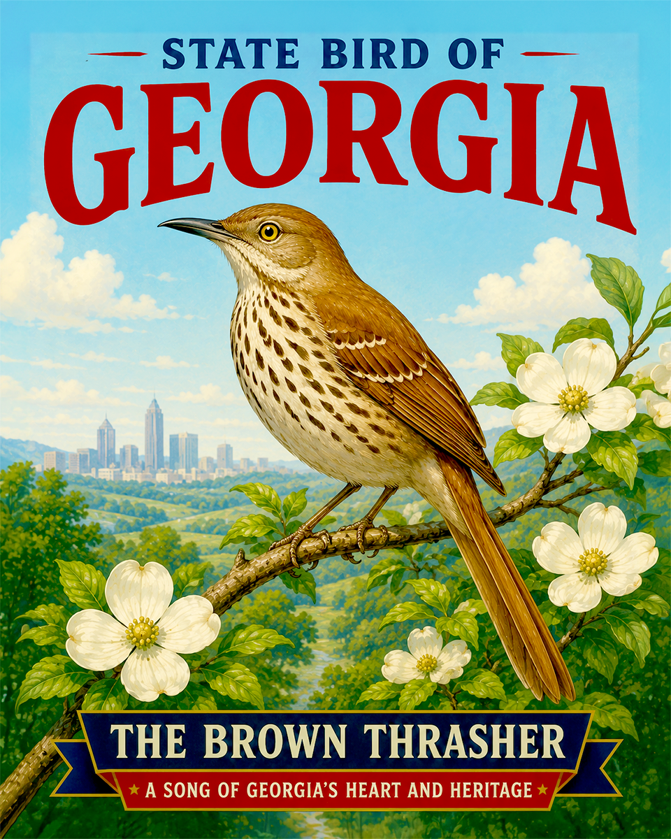 Brown Thrasher Georgia State Bird Matted Art Print - Ornate Naturalist Sketch for Southern Gallery Walls