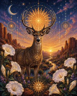 Buck Deer and Datura Flowers Southwestern Matted Art Print - Wholesale Spiritual Decor