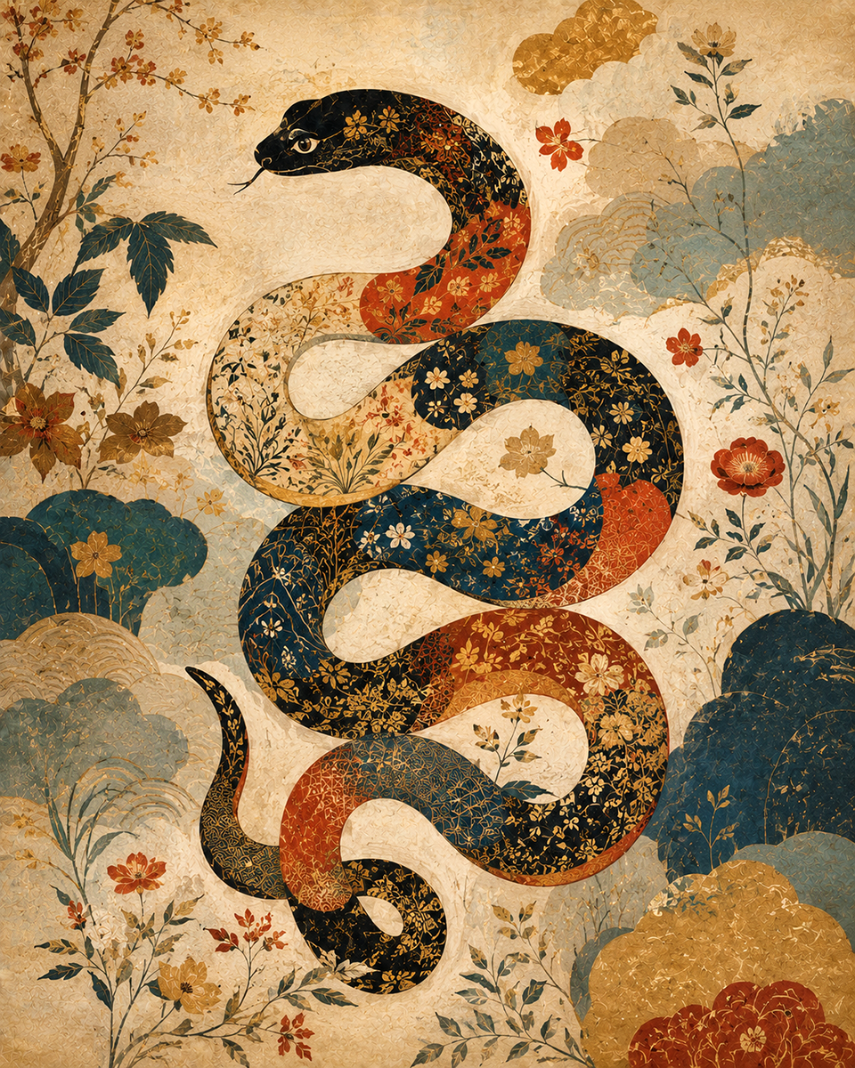 Byobu Folding Screen Inspired Vintage Snake Fine Art Poster Capturing Antique Oriental Panel Art Aesthetics - Matted Art Print