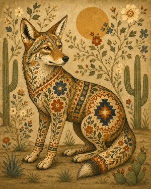 Byobu Screen Style Elegant Southwestern Coyote Scene Painted against a Desert Backdrop - Matted Art Print