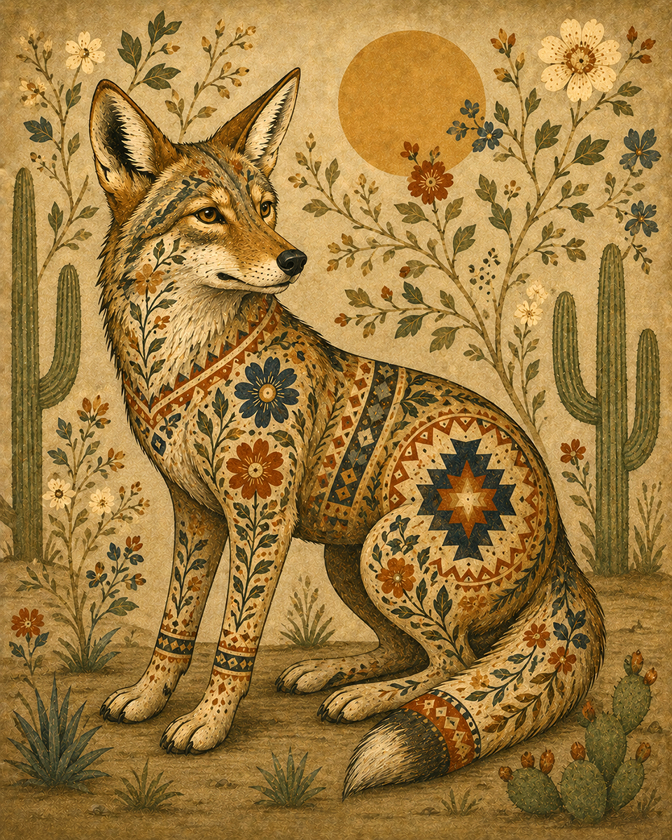 Byobu Screen Style Elegant Southwestern Coyote Scene Painted against a Desert Backdrop - Matted Art Print