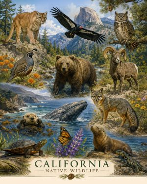 California-Native-Wildlife-Collage-Matted-Art-PrintQQCoastal-and-Mountain-Animal-Artwork