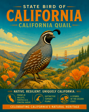California Quail State Bird Matted Art Print - Botanical Style Wildlife Illustration for Modern Interiors
