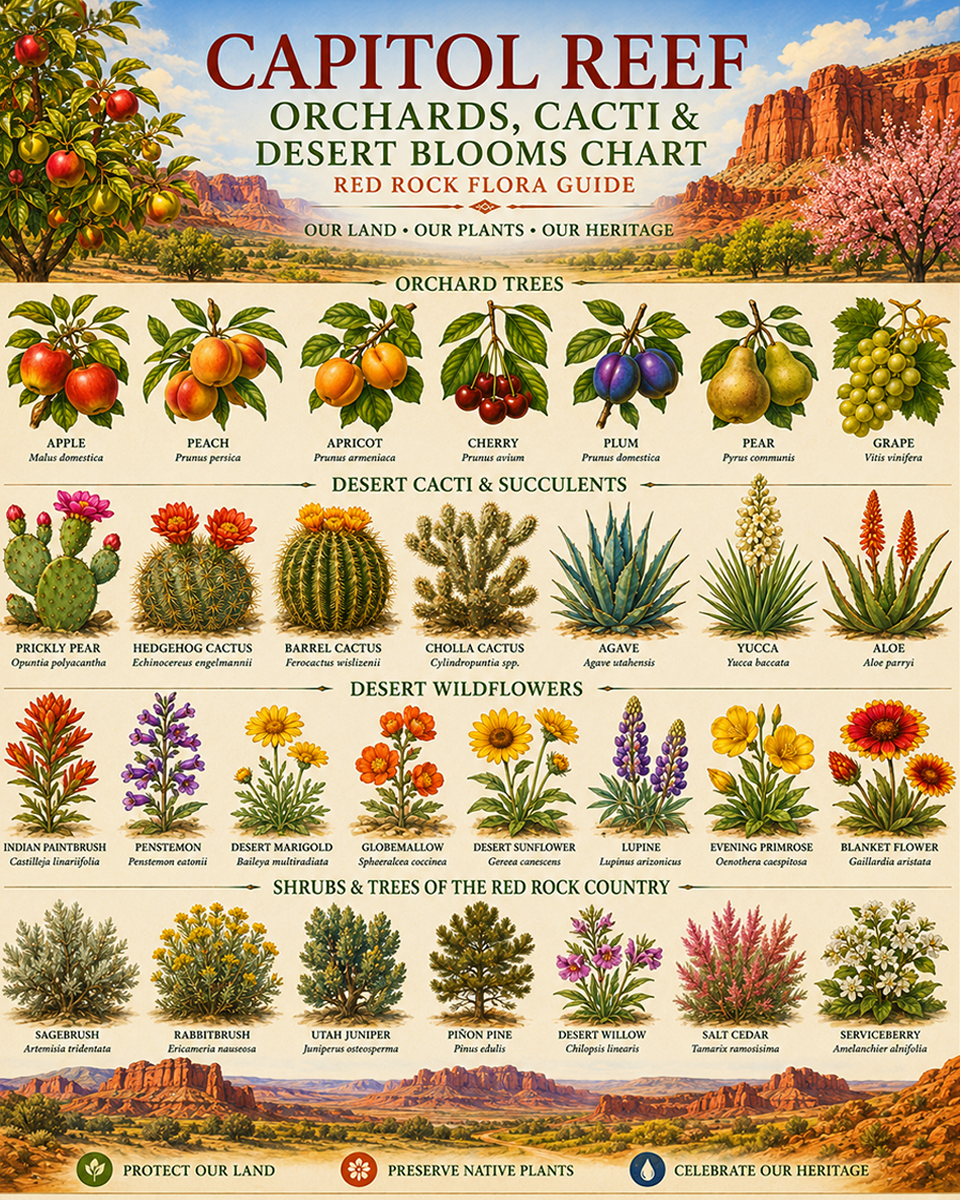 Capitol Reef Orchards Cacti & Desert Blooms Chart Matted Art Print - Red Rock Flora Guide