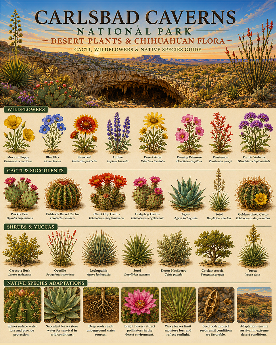 Carlsbad Caverns Desert Plants & Chihuahuan Flora Chart Matted Art Print - Cacti Wildflowers and Native Species Guide