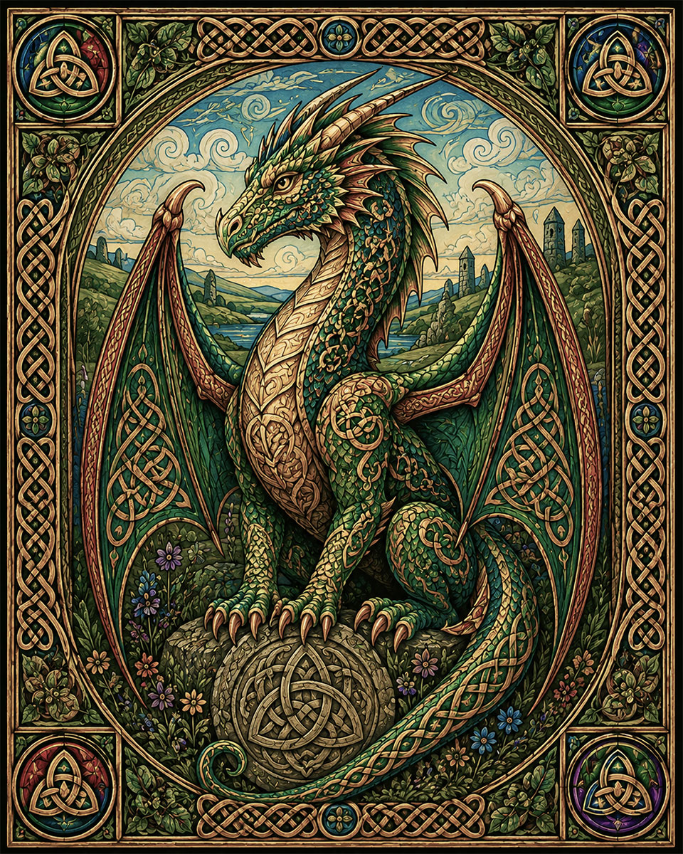 Celtic Dragon Guardian Folk Art Matted Art Print