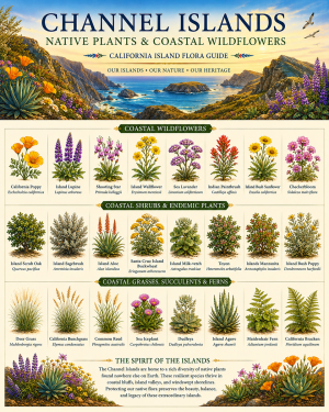 Channel Islands Native Plants & Coastal Wildflowers Chart Matted Art Print - California Island Flora Guide