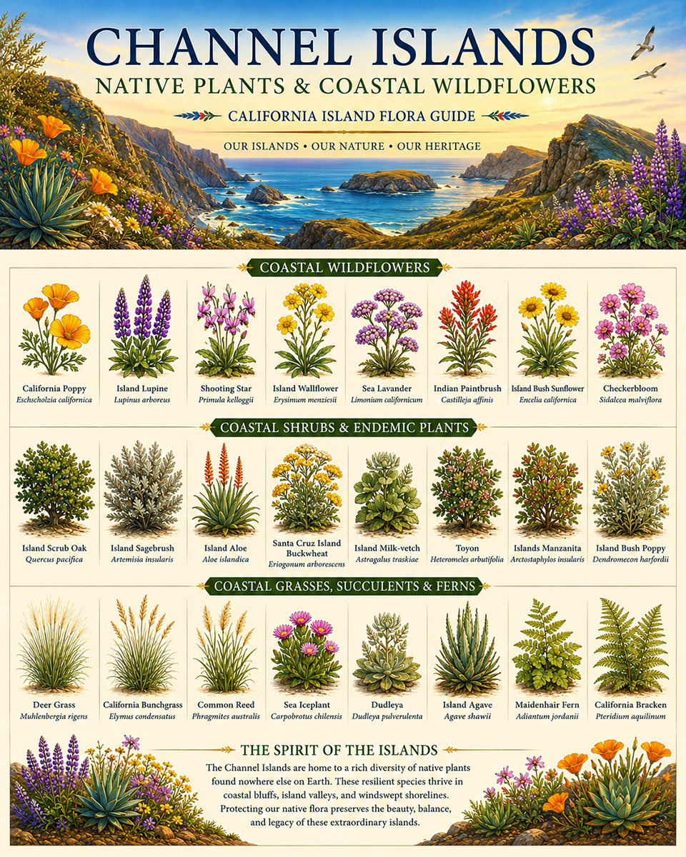 Channel Islands Native Plants & Coastal Wildflowers Chart Matted Art Print - California Island Flora Guide