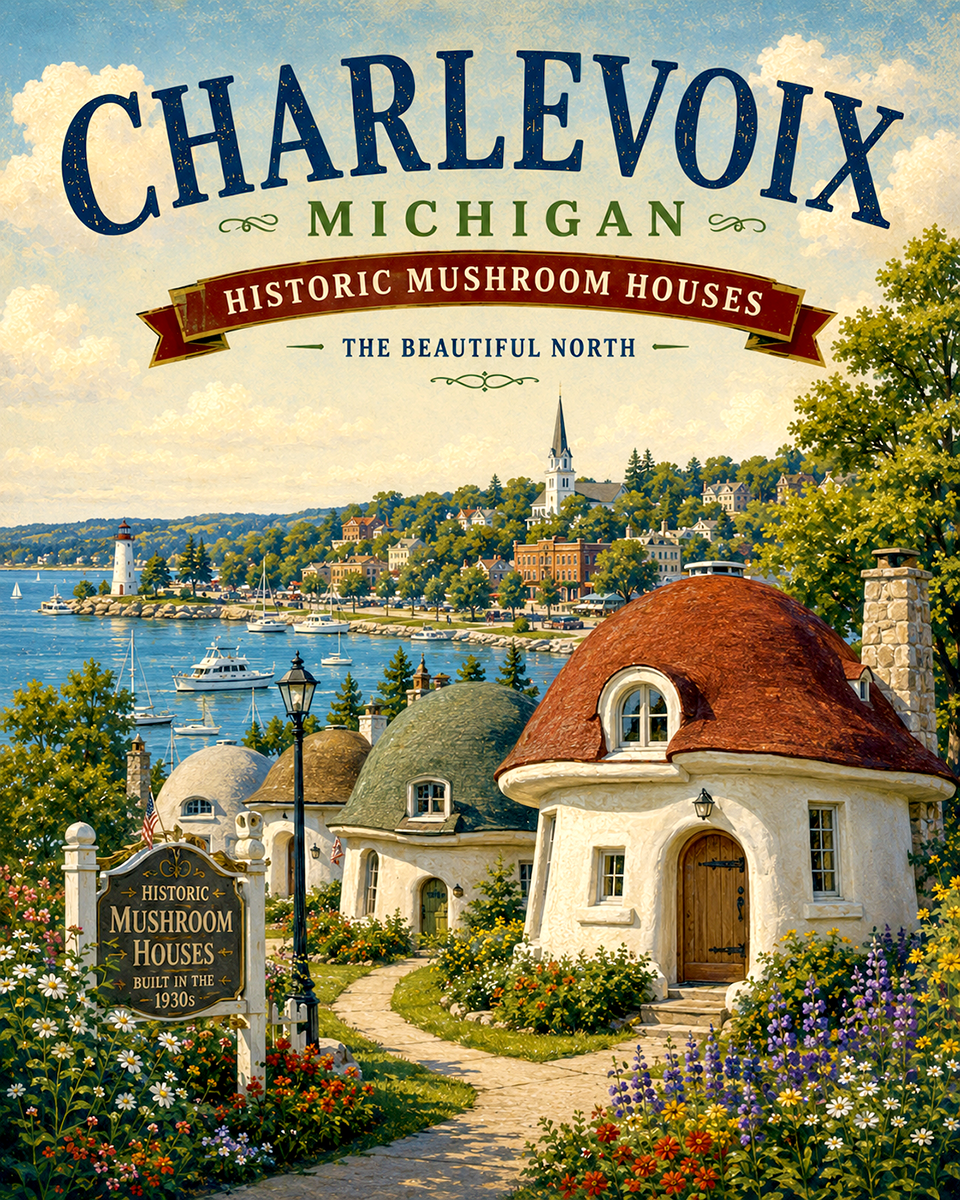 Charlevoix Michigan Historic Mushroom Houses Matted Print - Unique Wholesale Northern Michigan Art