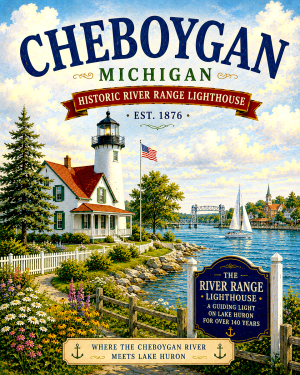 Cheboygan Michigan Historic River Range Lighthouse Matted Art Print - Wholesale Lake Huron Souvenir Decor