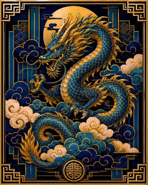 Chinese Imperial Dragon and Clouds Art Deco Matted Art Print