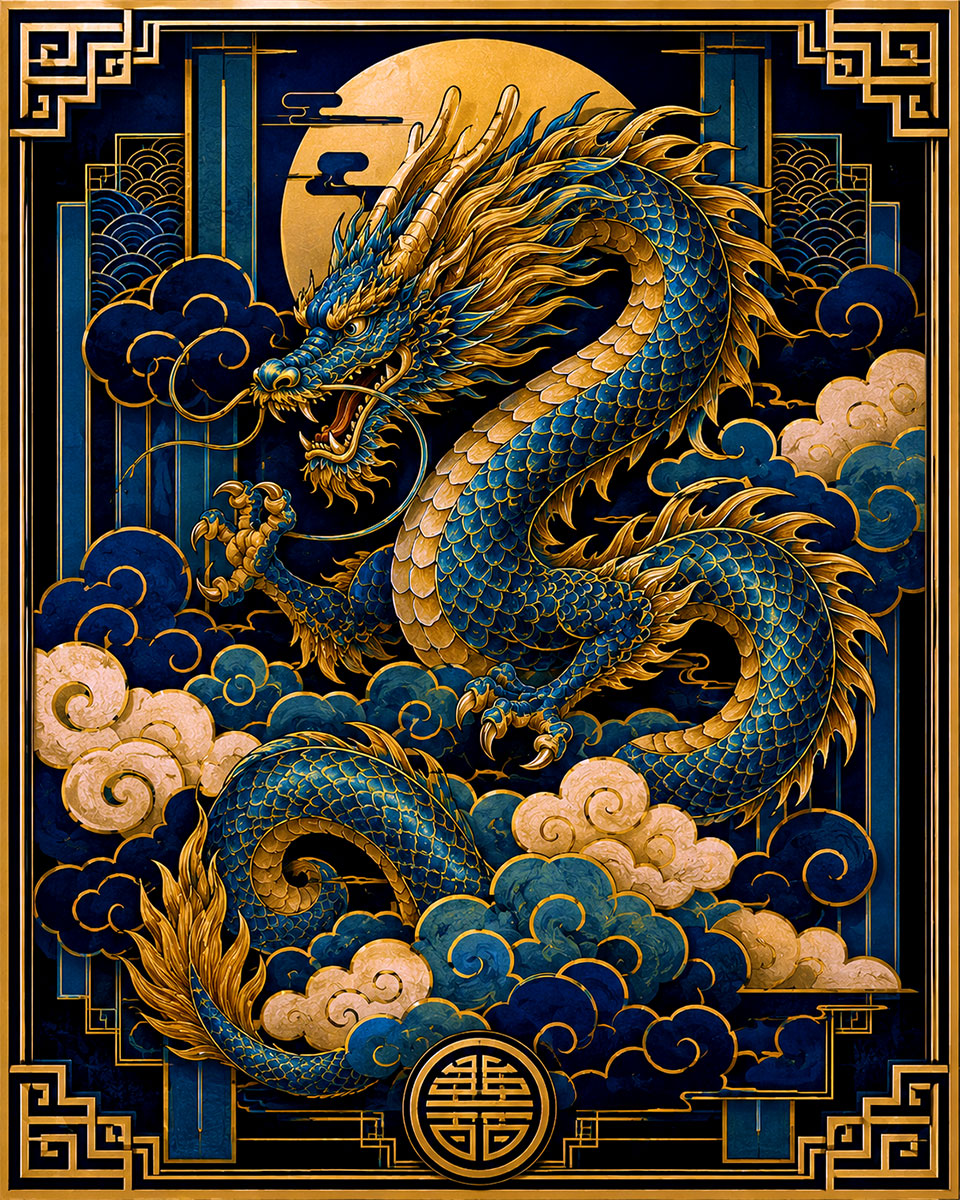 Chinese Imperial Dragon and Clouds Art Deco Matted Art Print