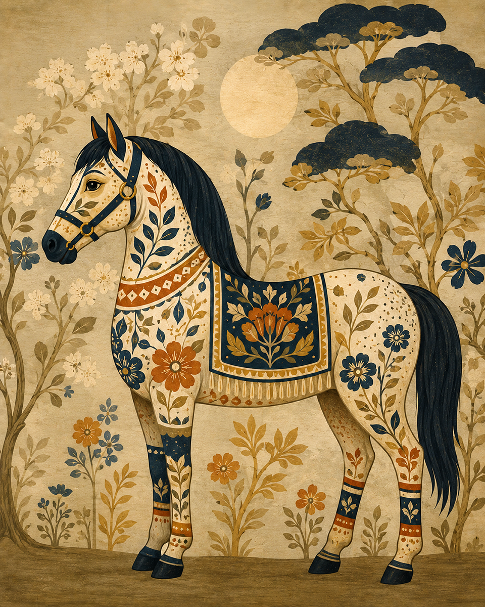 Chinese Silk Decorative Style Horse Illustration with Ornate Painting for High End Antique Inspired Spaces - Matted Art Print