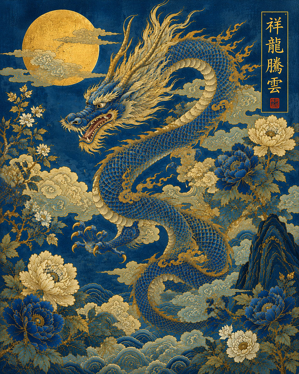 Chinoiserie Imperial Azure Dragon Elegant Chinese Silk Style Painting Matted Print